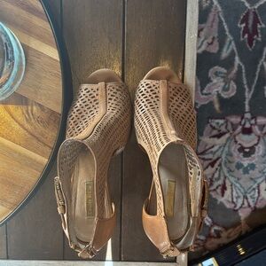 Louise et Cie Tan Laser-Cut Peep-Toe Slingback Mules